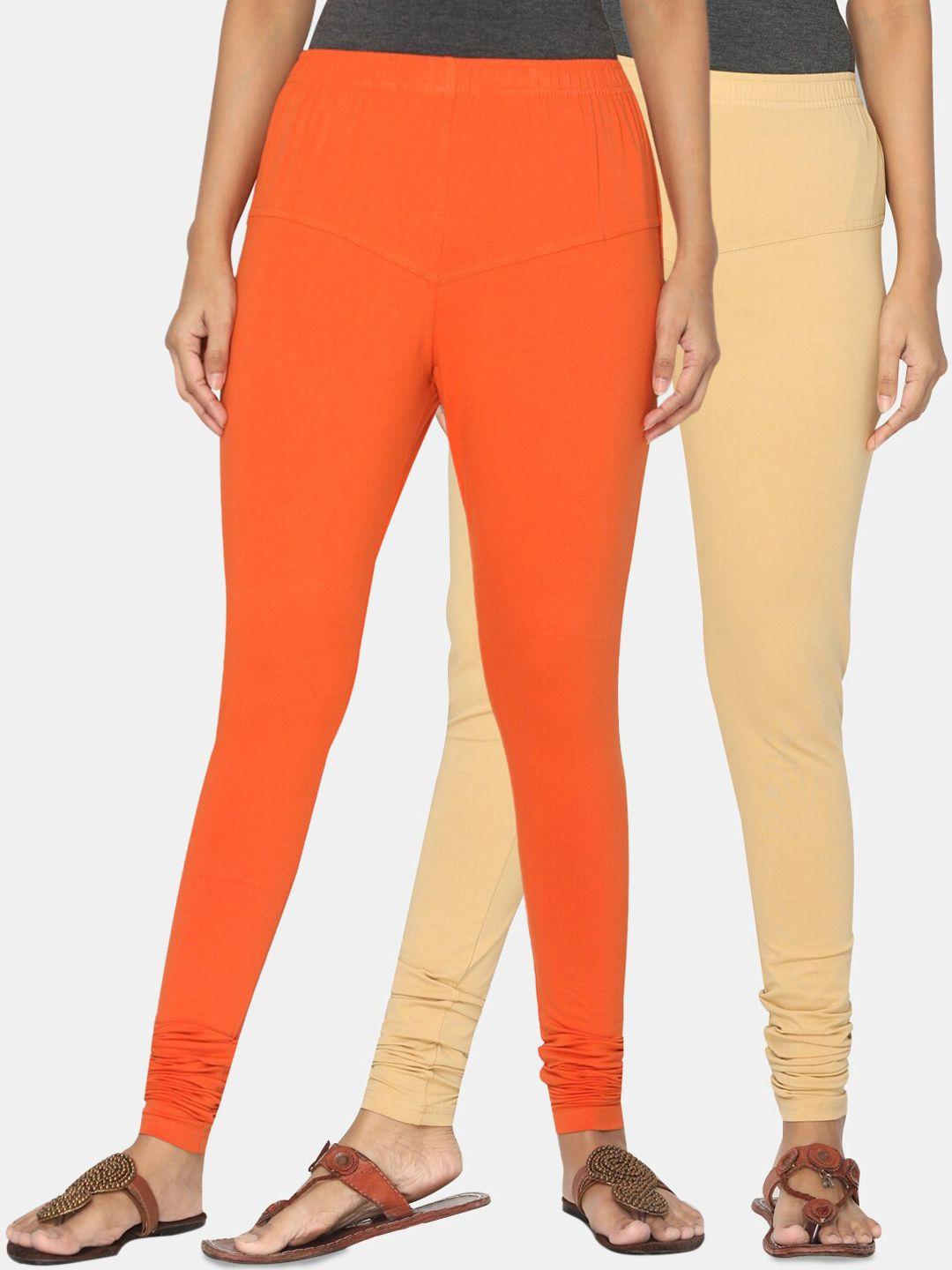 tsg bliss women pack of 2 beige & orange solid churidar-length leggings