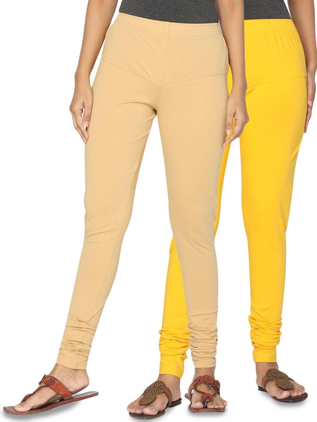 tsg bliss women pack of 2 beige & yellow solid churidar-length leggings