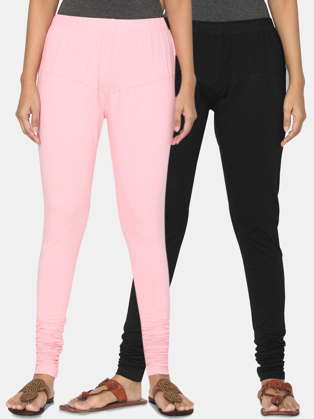 tsg bliss women pack of 2 black & pink solid churidar-length leggings