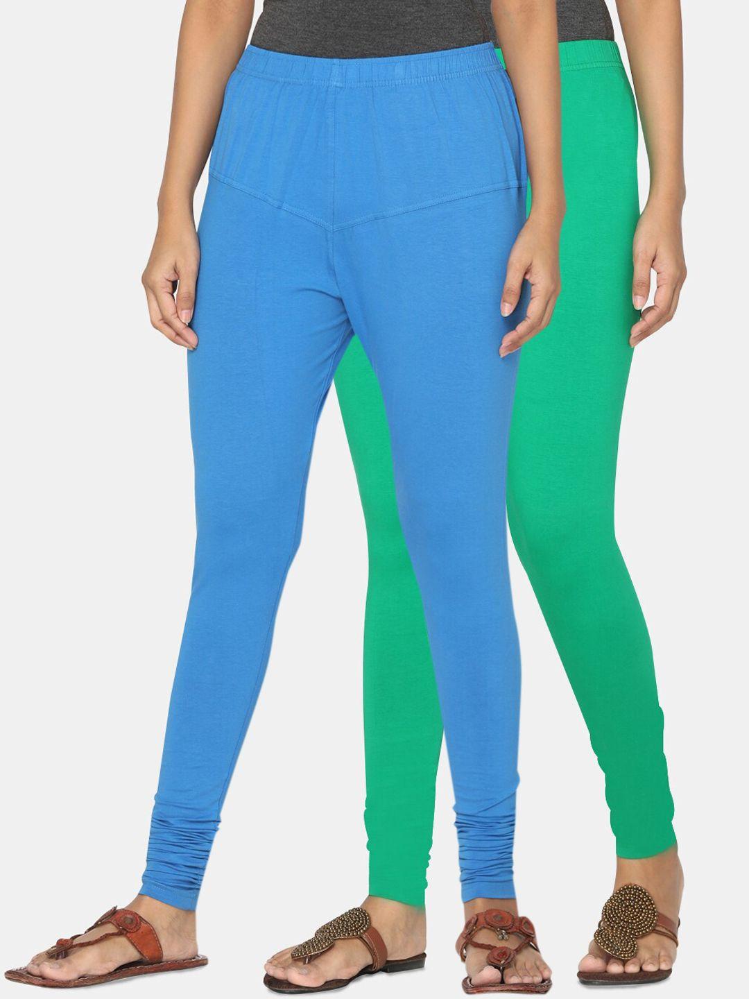 tsg bliss women pack of 2 green & blue solid churidar-length leggings