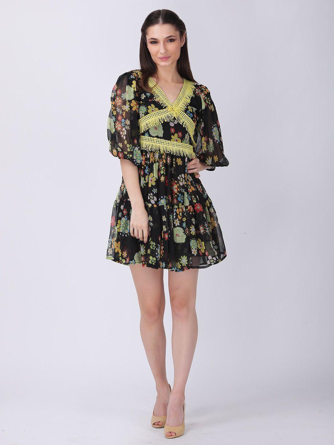 tsm black floral print puff sleeve georgette fit & flare dress