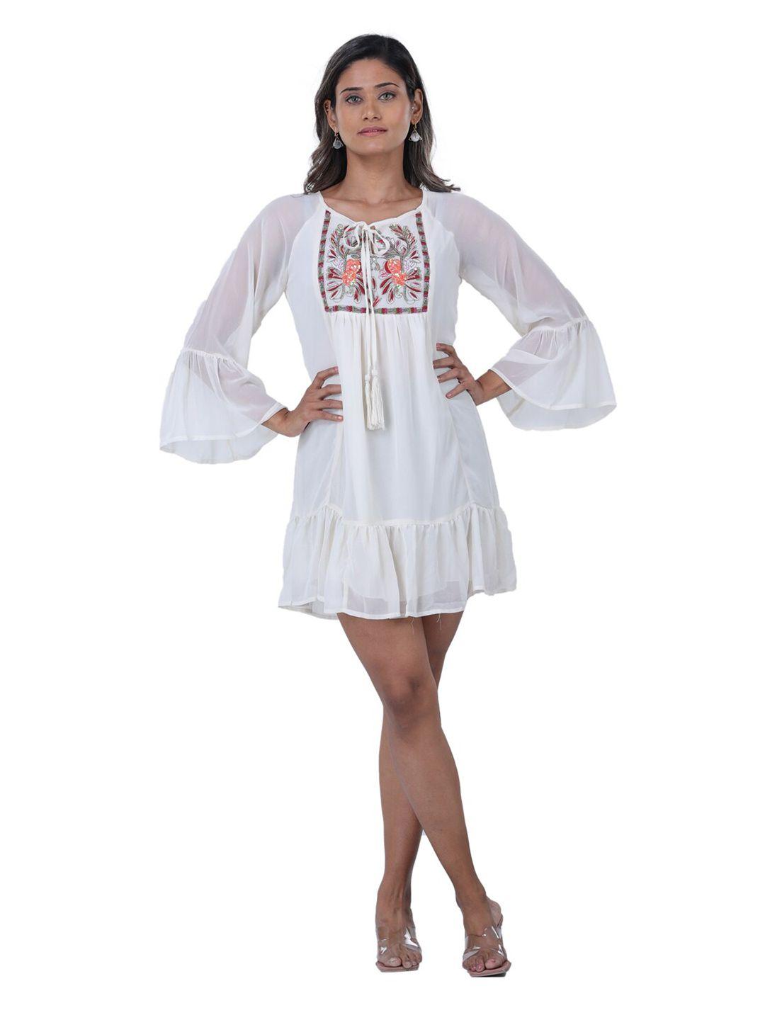 tsm floral embroidered bell sleeves georgette mini dress