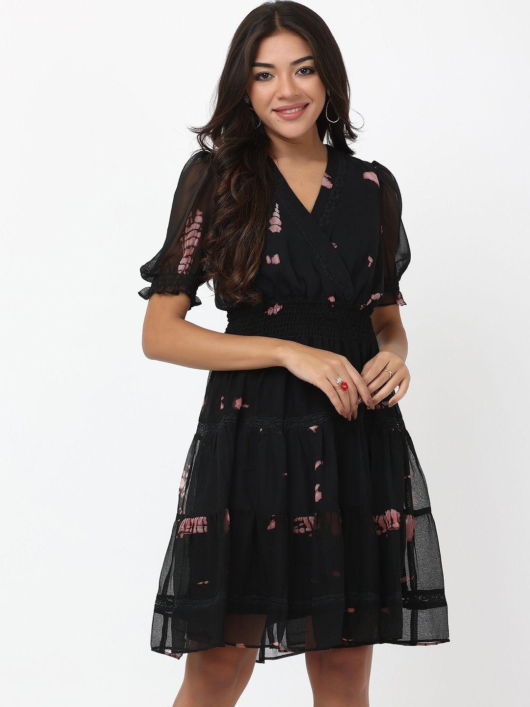 tsm abstract printed smocked detailed v-neck puff sleeves a-line dress