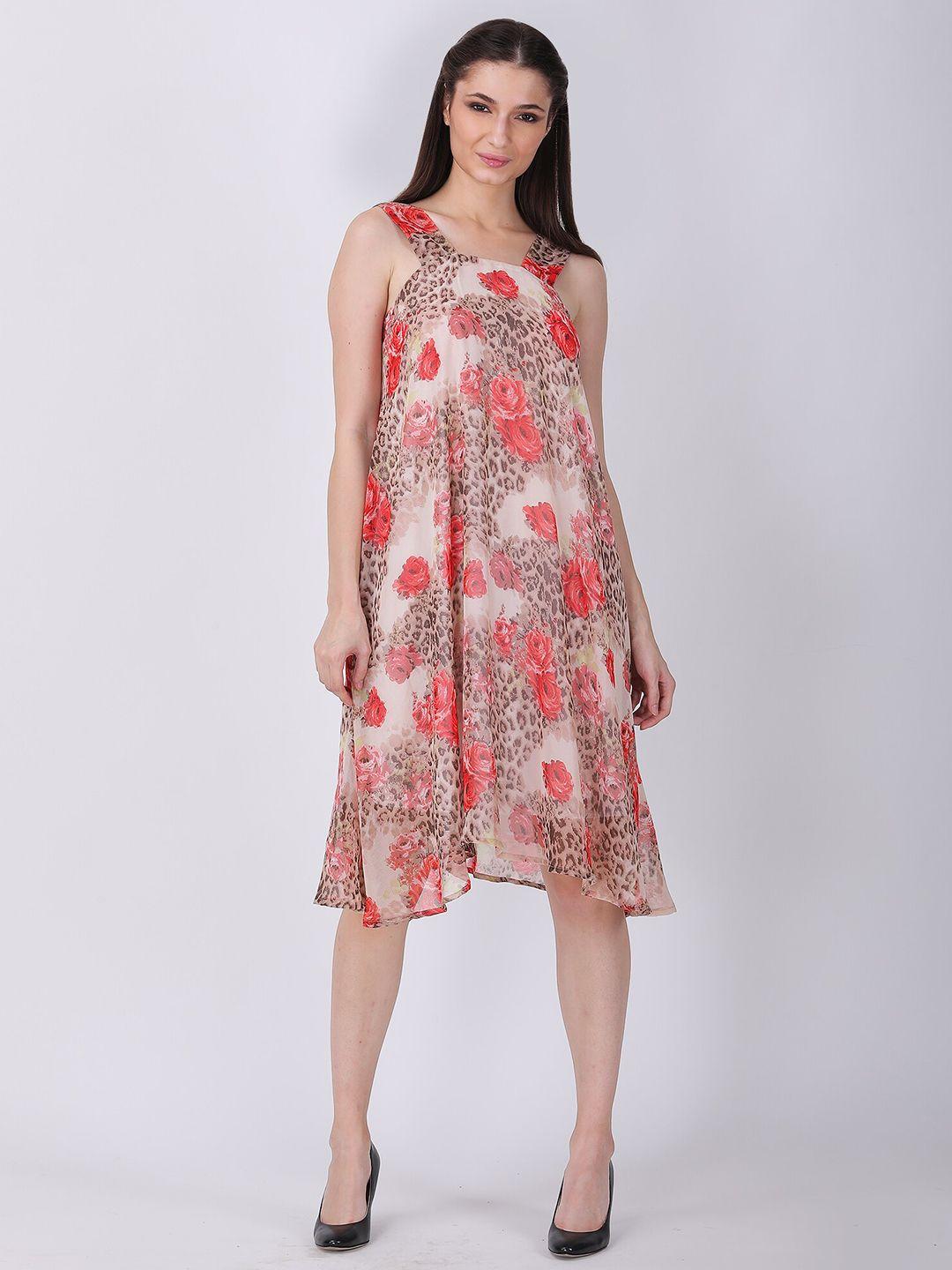 tsm beige & red floral print layered georgette a-line midi dress