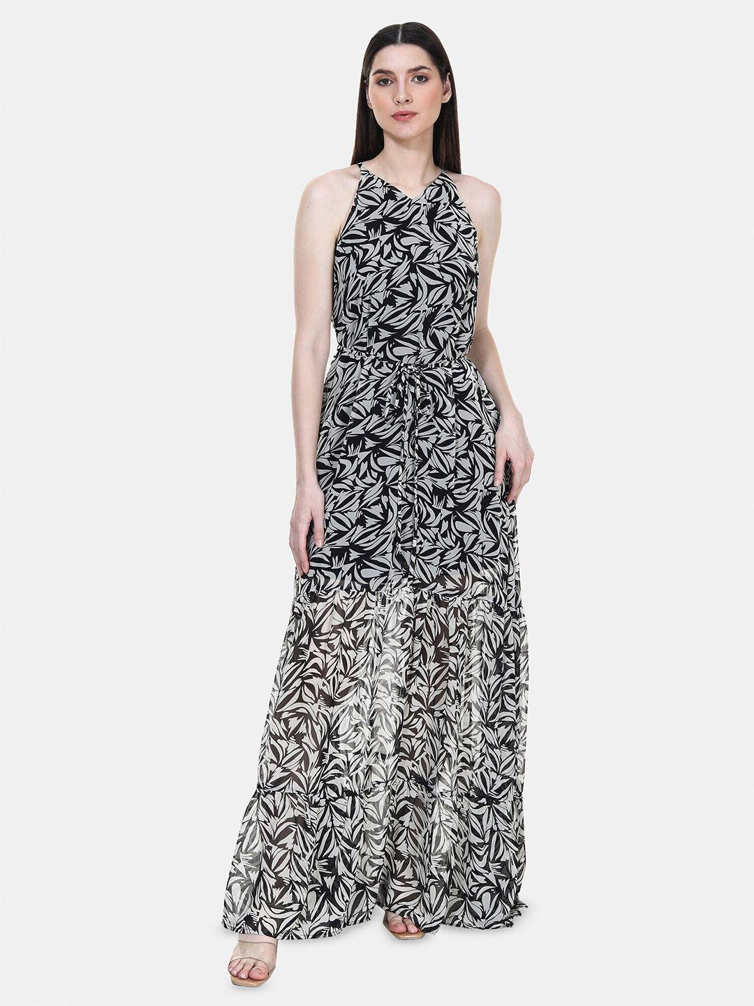 tsm black & white print halter neck layered georgette fit & flare sleeveless dress