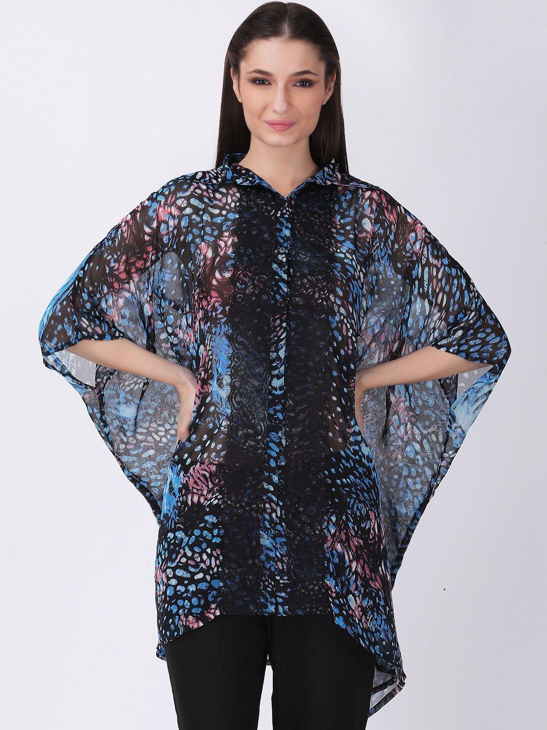 tsm blue & multicoloured print georgette kaftan top