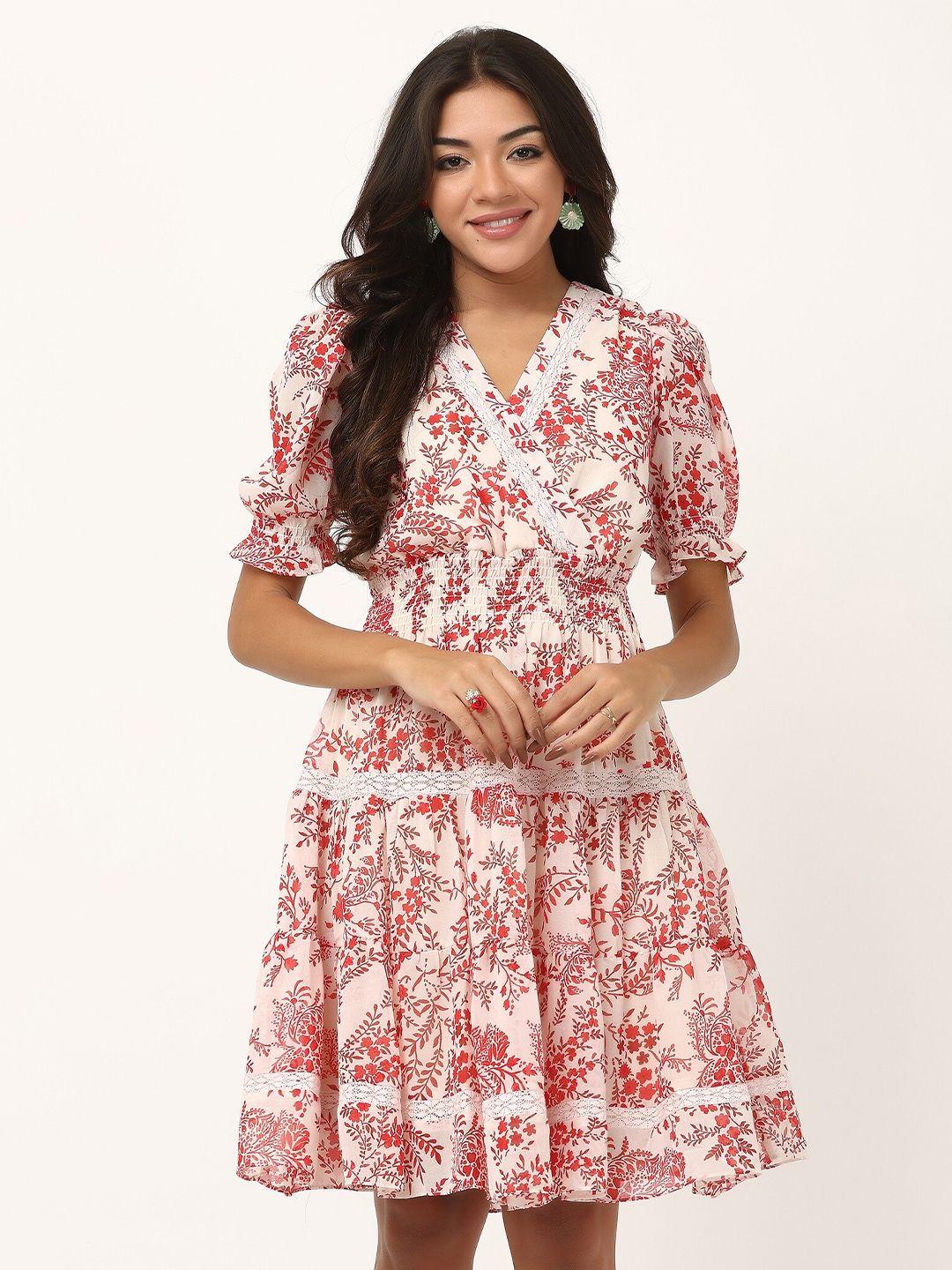 tsm floral printed smocked detailed v-neck puff sleeves a-line dress