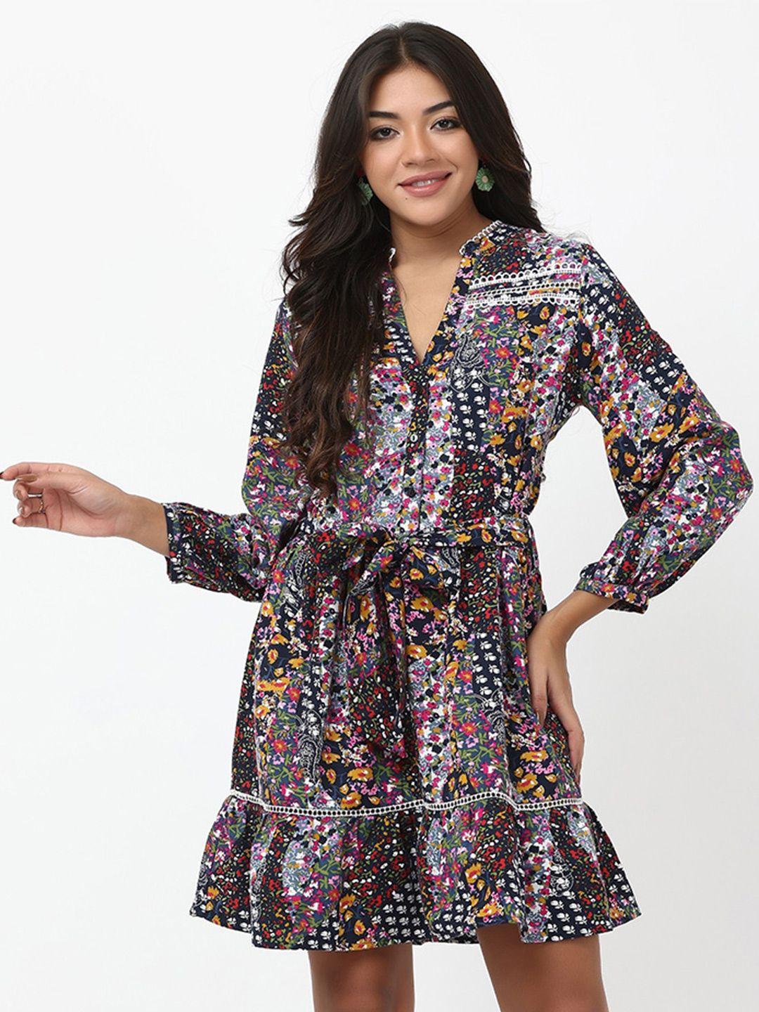 tsm floral printed tie up a-line dress with belt