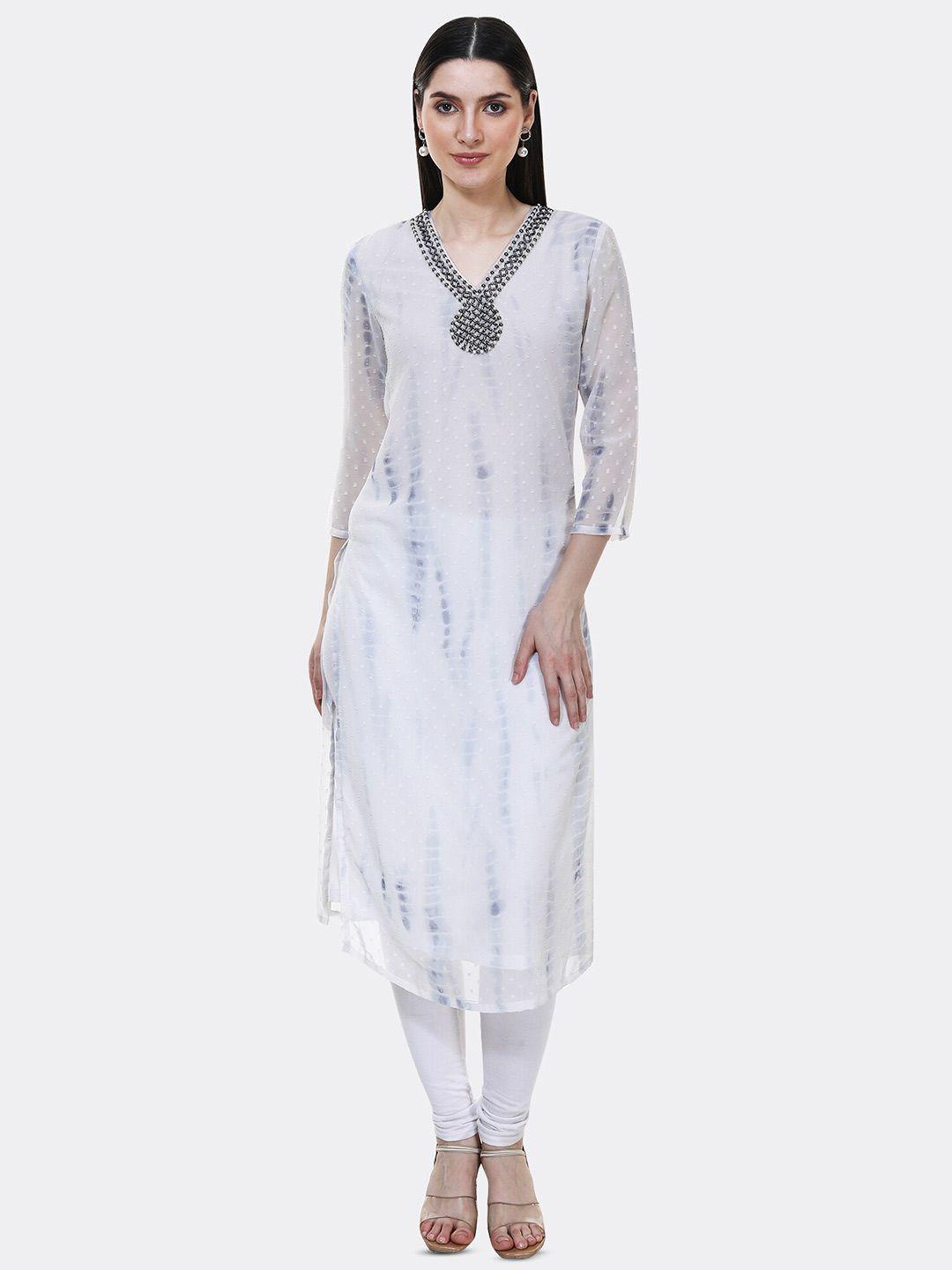 tsm geometric embroidered v-neck georgette straight kurta