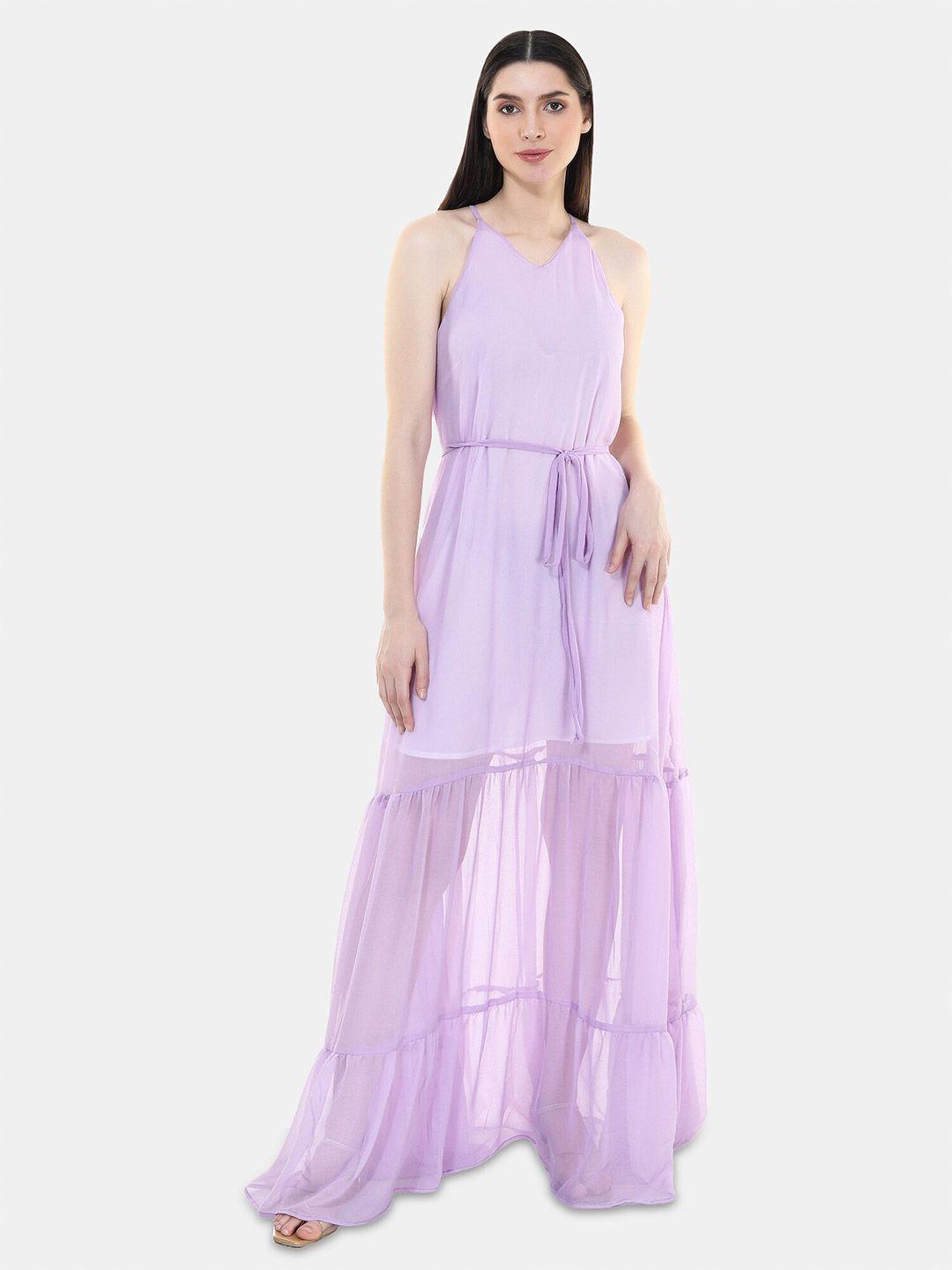 tsm lavender halter neck layered georgette fit & flare sleeveless dress