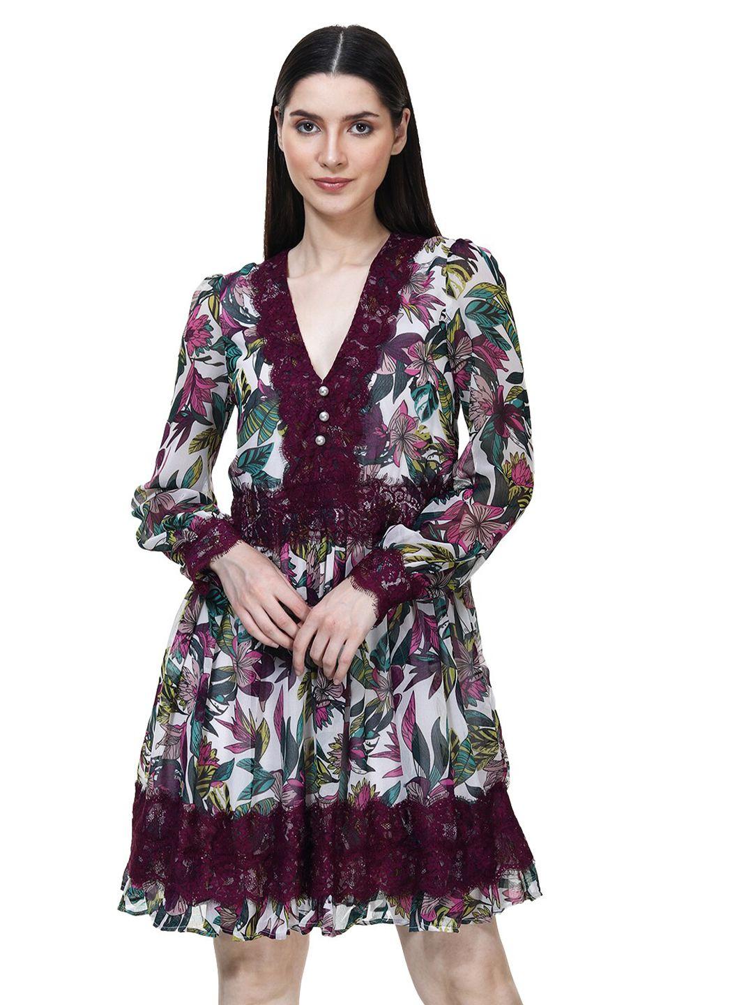 tsm v-neck floral printed georgette fit & flare dress