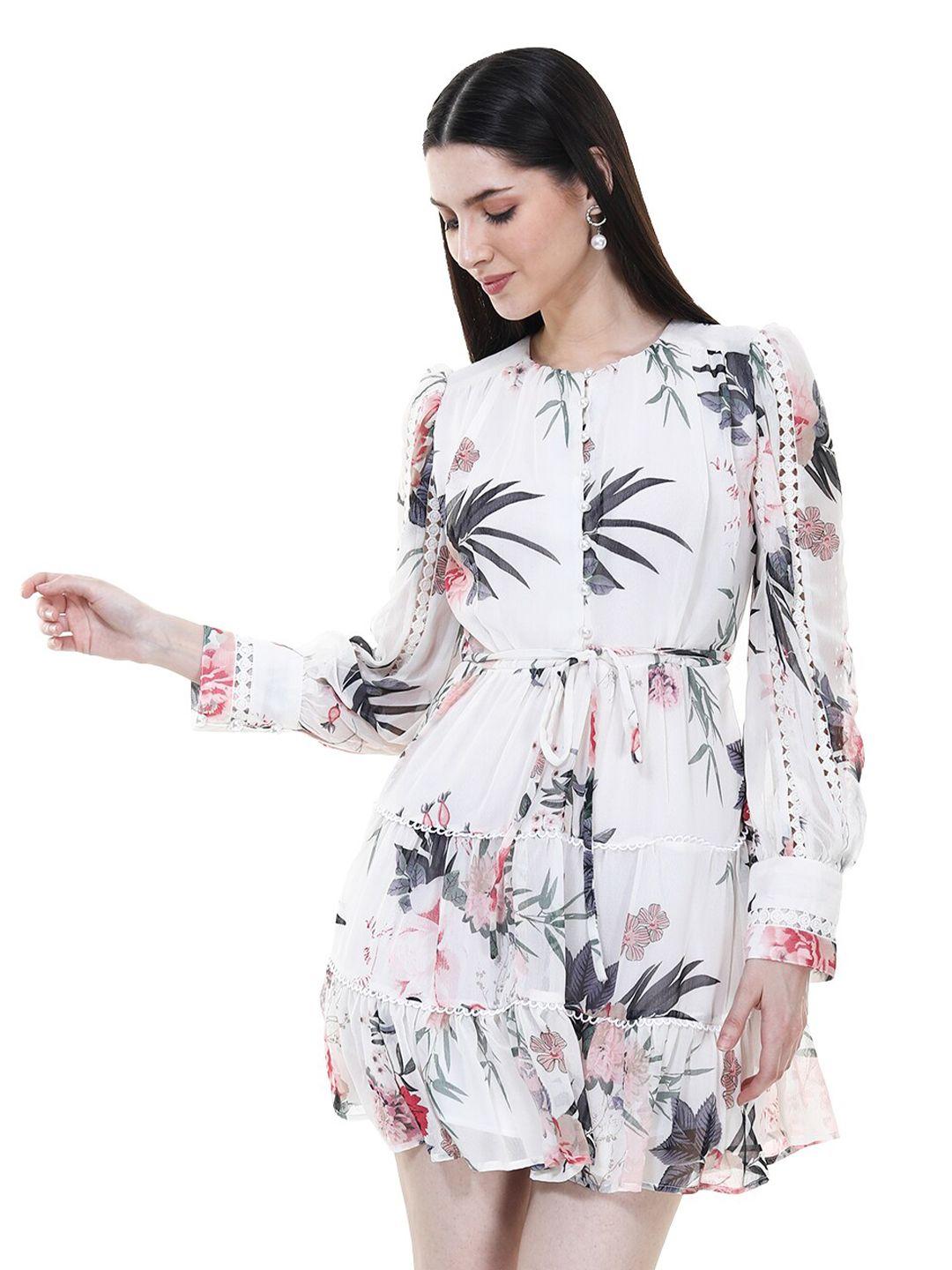 tsm white floral print georgette fit & flare mini dress