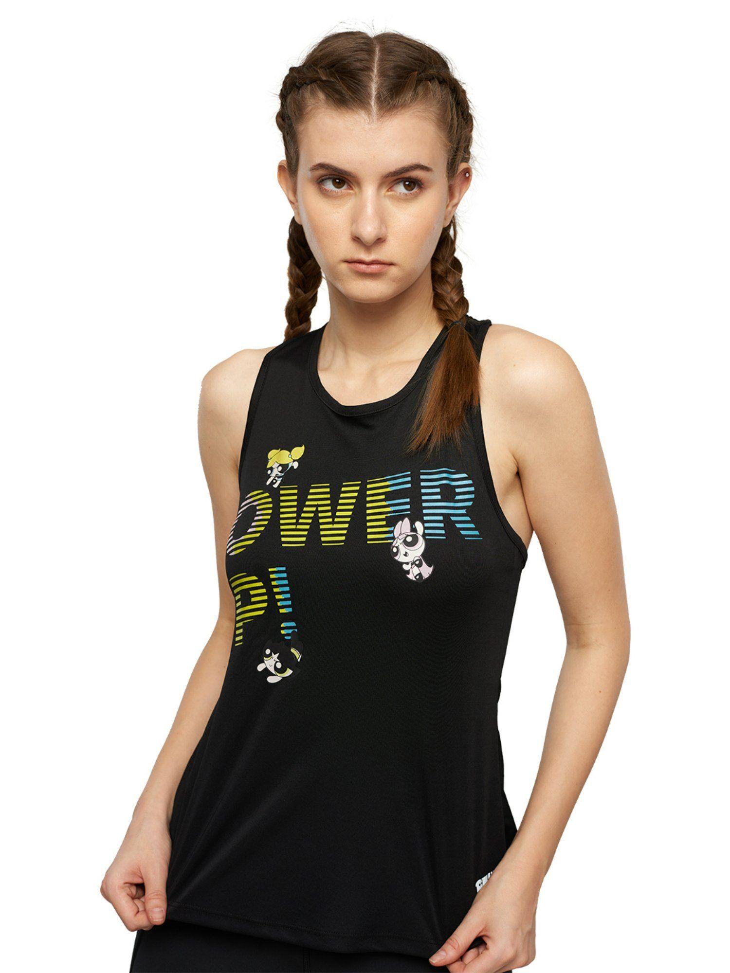 tss active power up black printed aero tank top