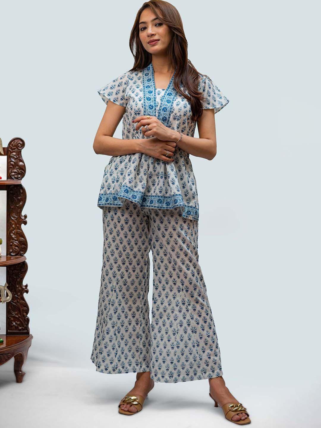 tsucchi traditions printed aqua-cool indian kalidar co-ord set