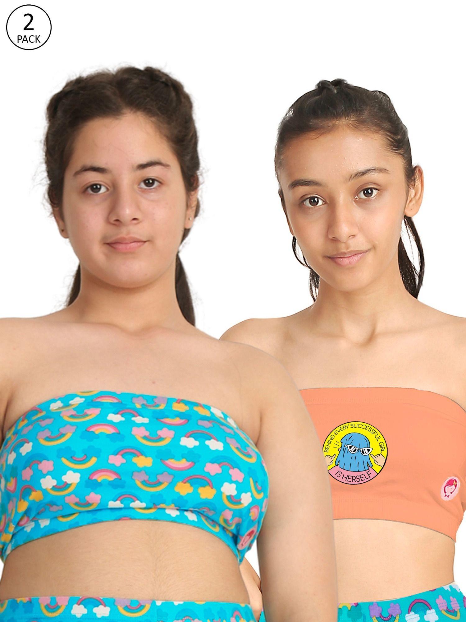 tube bralettes for teenager girls peach and rainbow print (pack of 2)