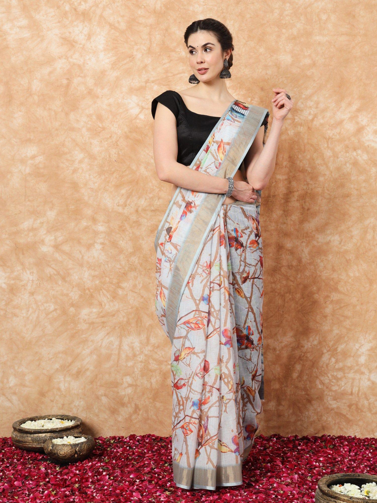 tulika grey linen printed saree with unstitched blouse