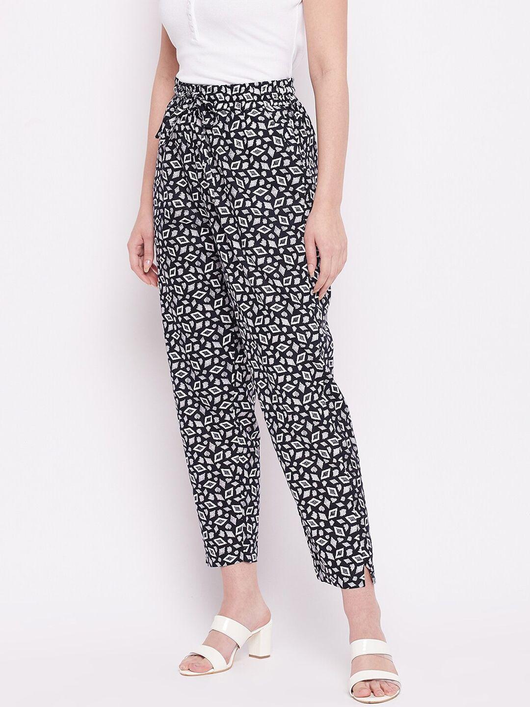 tulip 21 women black printed relaxed straight leg straight fit easy wash trousers