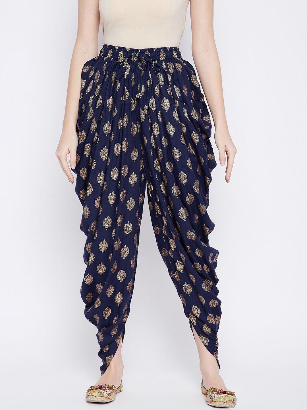 tulip 21 women navy blue & gold ethnic motif printed dhoti pants