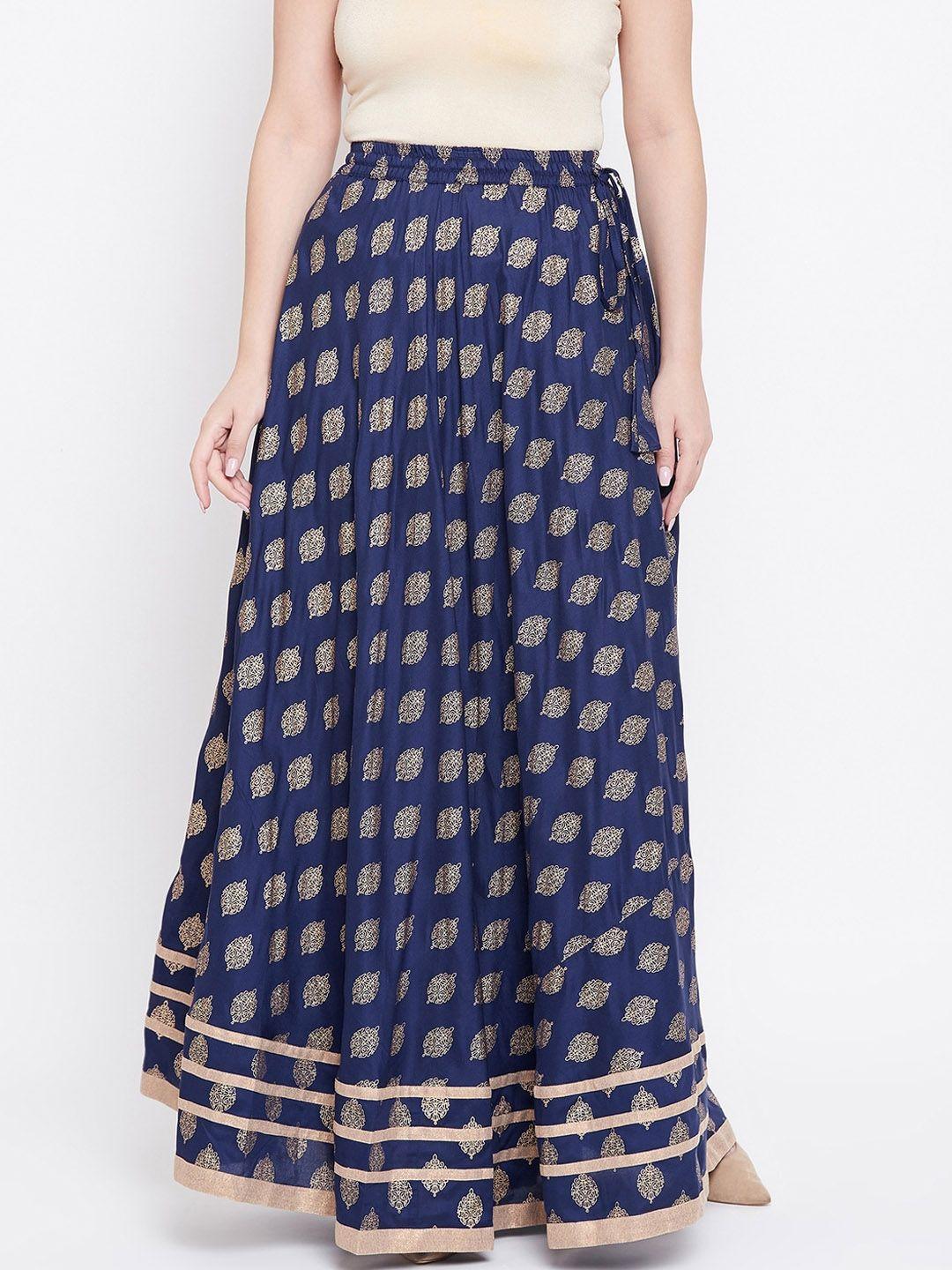 tulip 21 women navy blue & golden ethnic block print flared maxi skirt