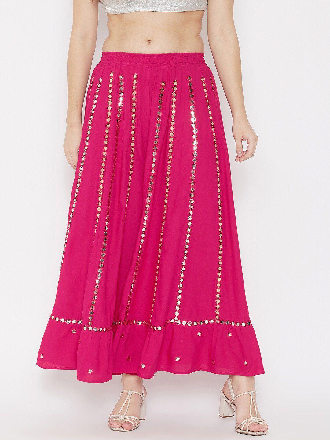 tulip 21 women pink & silver-toned embroidered flared ethnic palazzos
