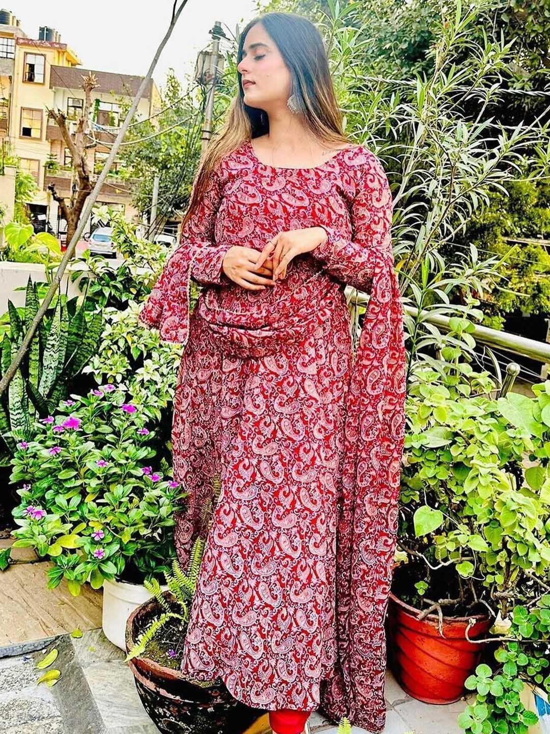 tulip eden women maroon embroidered keyhole neck mirror work georgette anarkali kurta