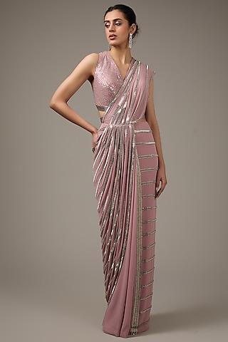 tulip pink nylon tulle bead embellished draped saree set