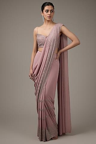 tulip pink tulle embroidered pre-stitched saree set