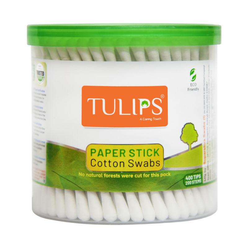 tulips eco-friendly cotton buds with bio-degradable fsc paper stick - 200 sticks jar