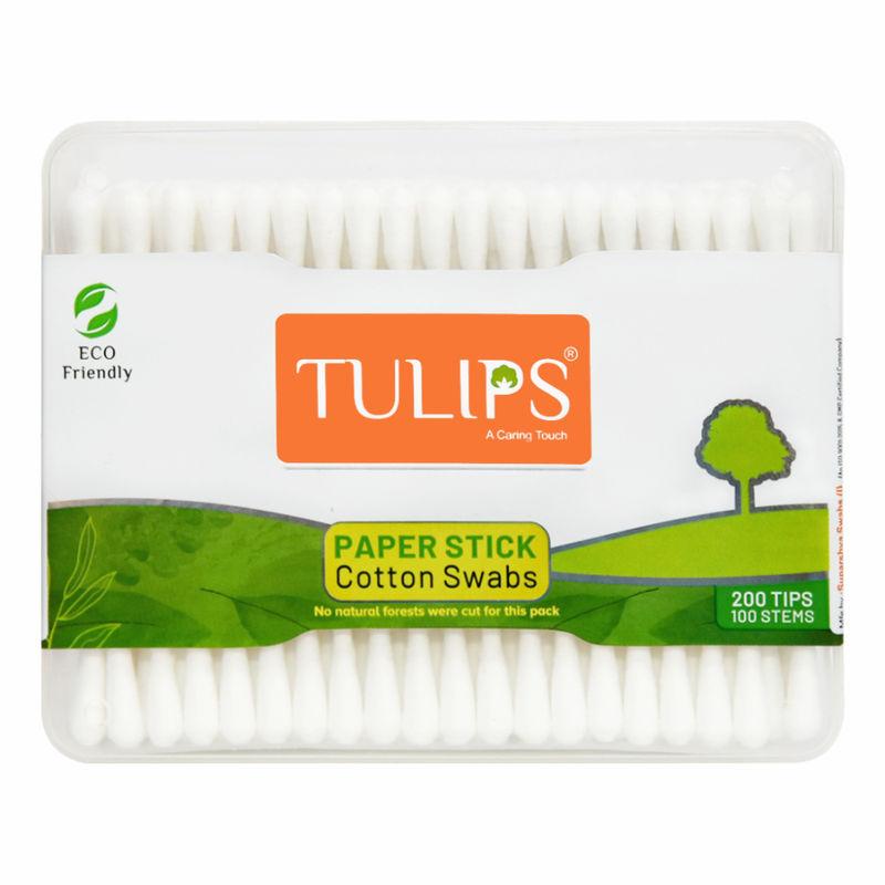 tulips eco-friendly cotton buds with bio-degradable fsc paper stick - 100 sticks flat box