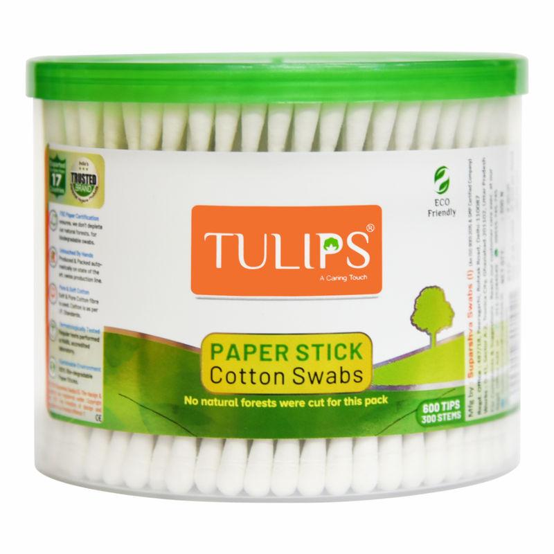 tulips eco-friendly cotton buds with bio-degradable fsc paper stick - 300 sticks jar