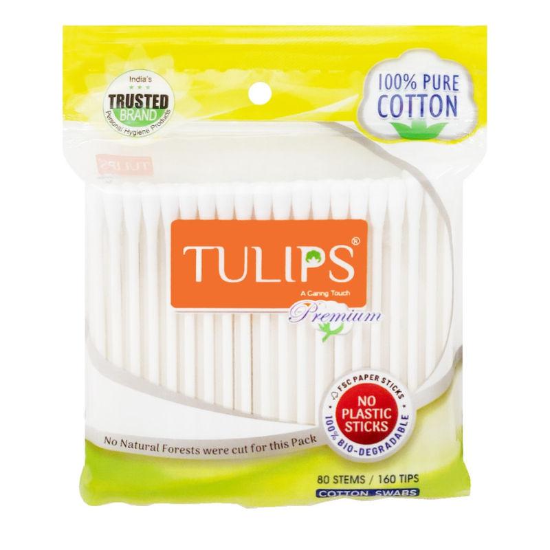 tulips eco-friendly cotton buds with bio-degradable fsc paper stick - 80 sticks ziplock bag