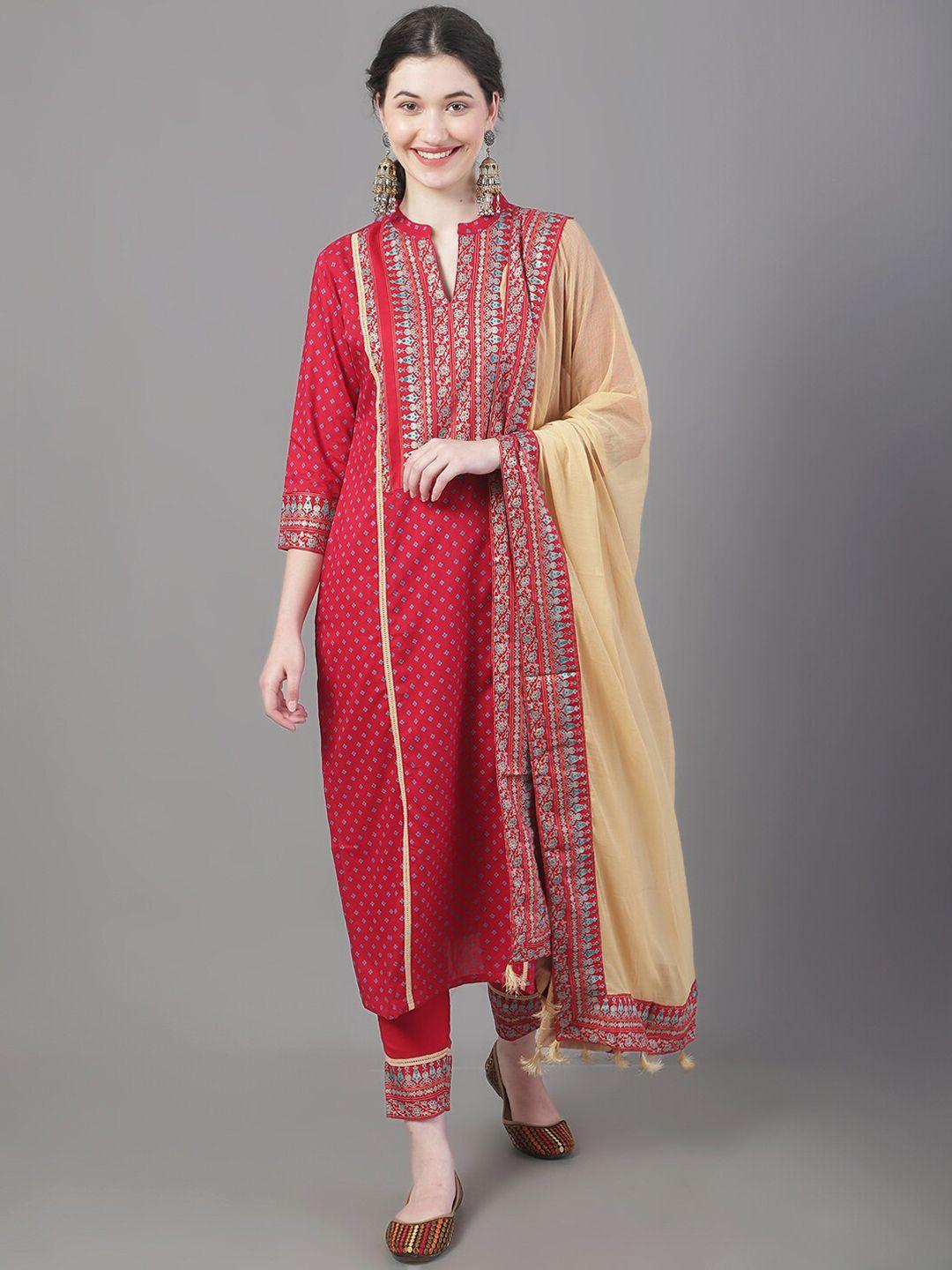tulsattva ethnic motifs printed straight kurta with trousers & dupatta