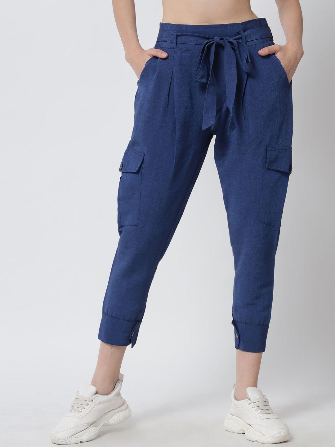 tulsattva women blue smart tapered fit easy wash chambray joggers trousers