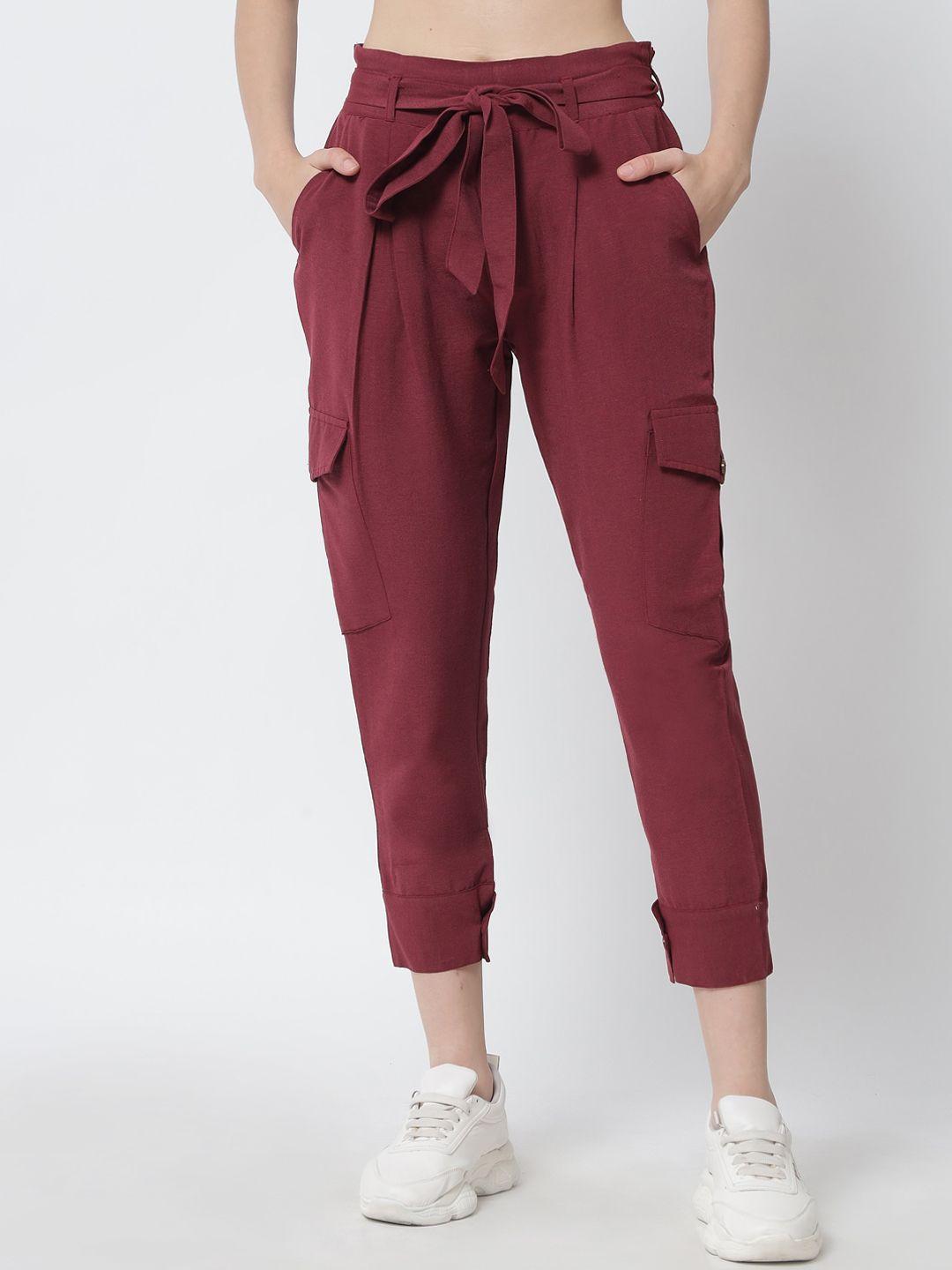 tulsattva women maroon smart tapered fit easy wash chambray cargos trousers