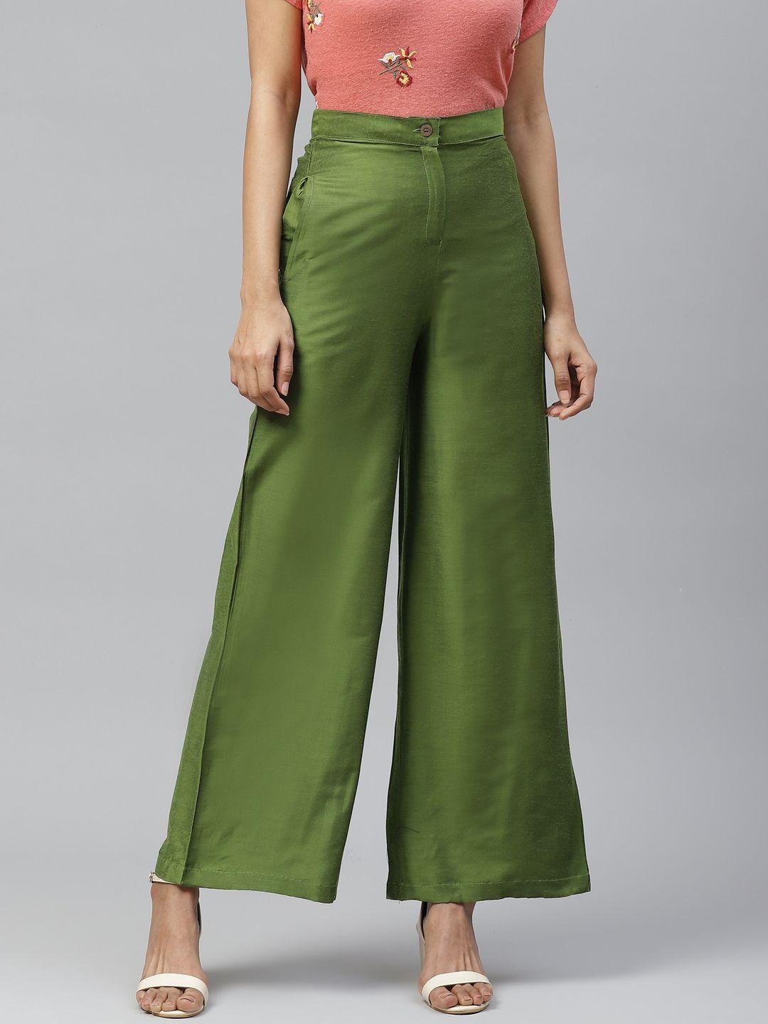 tulsattva women olive green smart flared self design parallel trousers