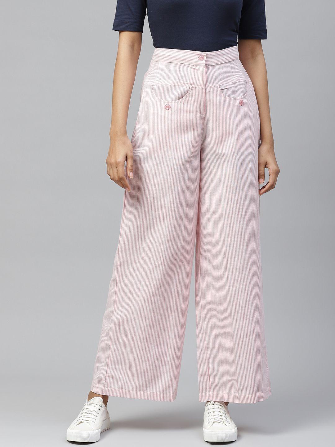 tulsattva women pink & off-white loose fit striped cotton parallel trousers