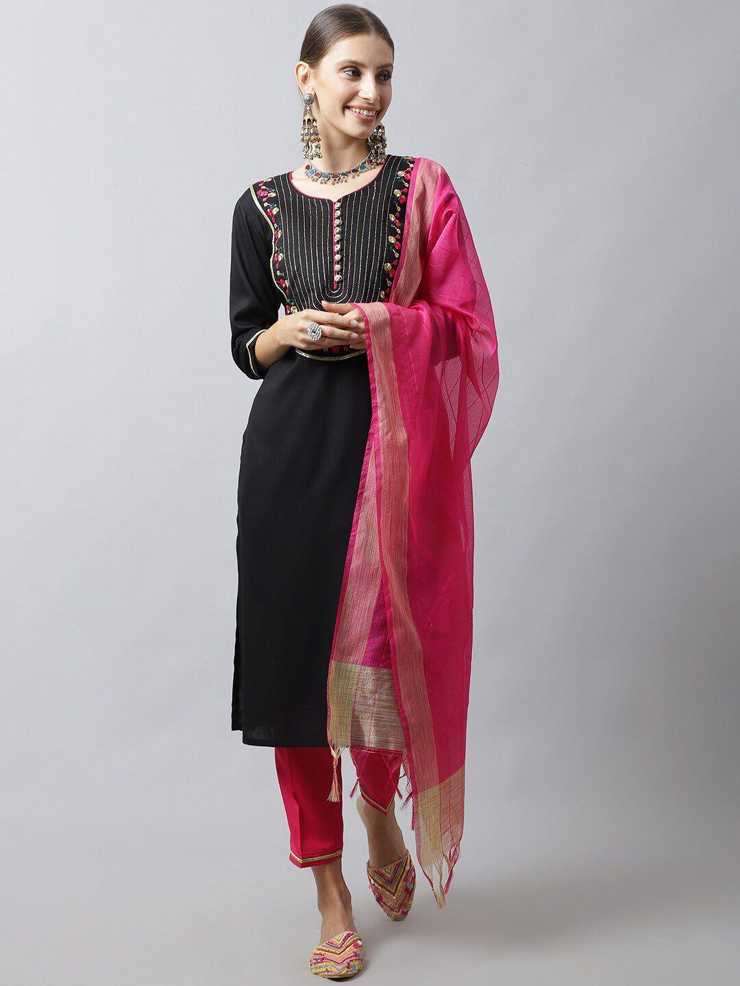 tulsattva black ethnic motifs embroidered thread work kurta with trousers & with dupatta