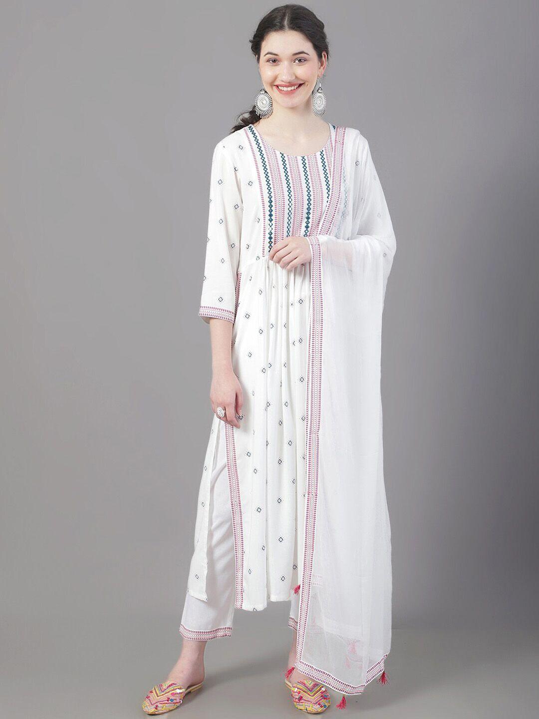 tulsattva ethnic motifs printed empire thread work kurta with trousers & dupatta