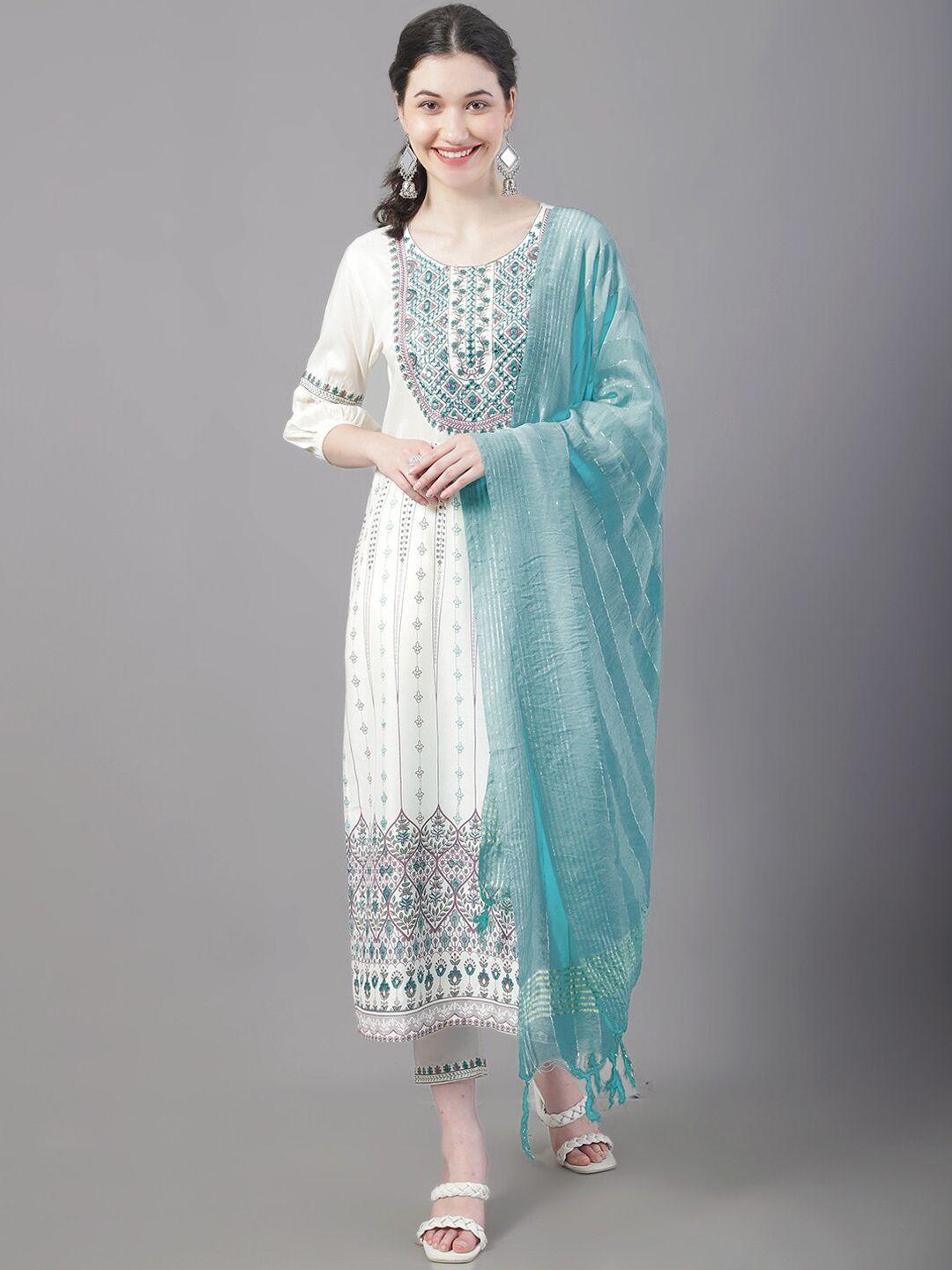 tulsattva ethnic motifs printed thread work kurta with trousers & with dupatta