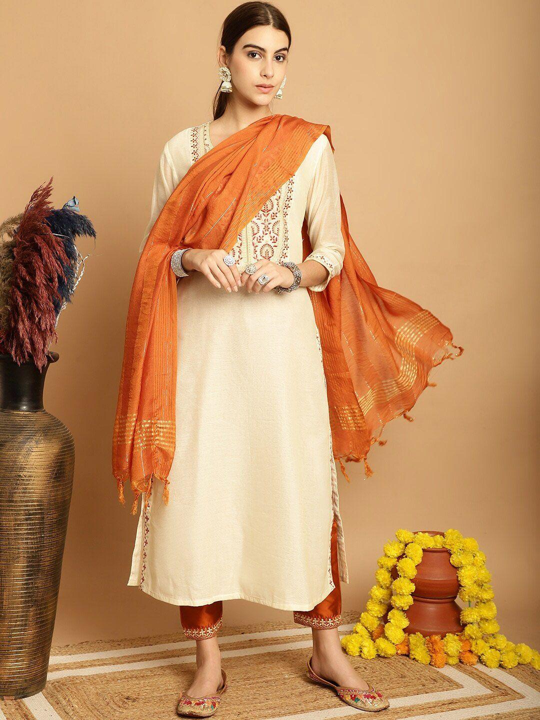 tulsattva ethnic motifs yoke design regular kurta with trousers & with dupatta