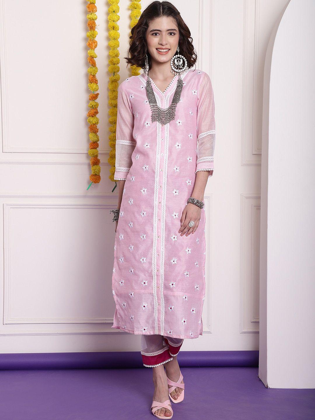 tulsattva floral embroidered chanderi silk kurta