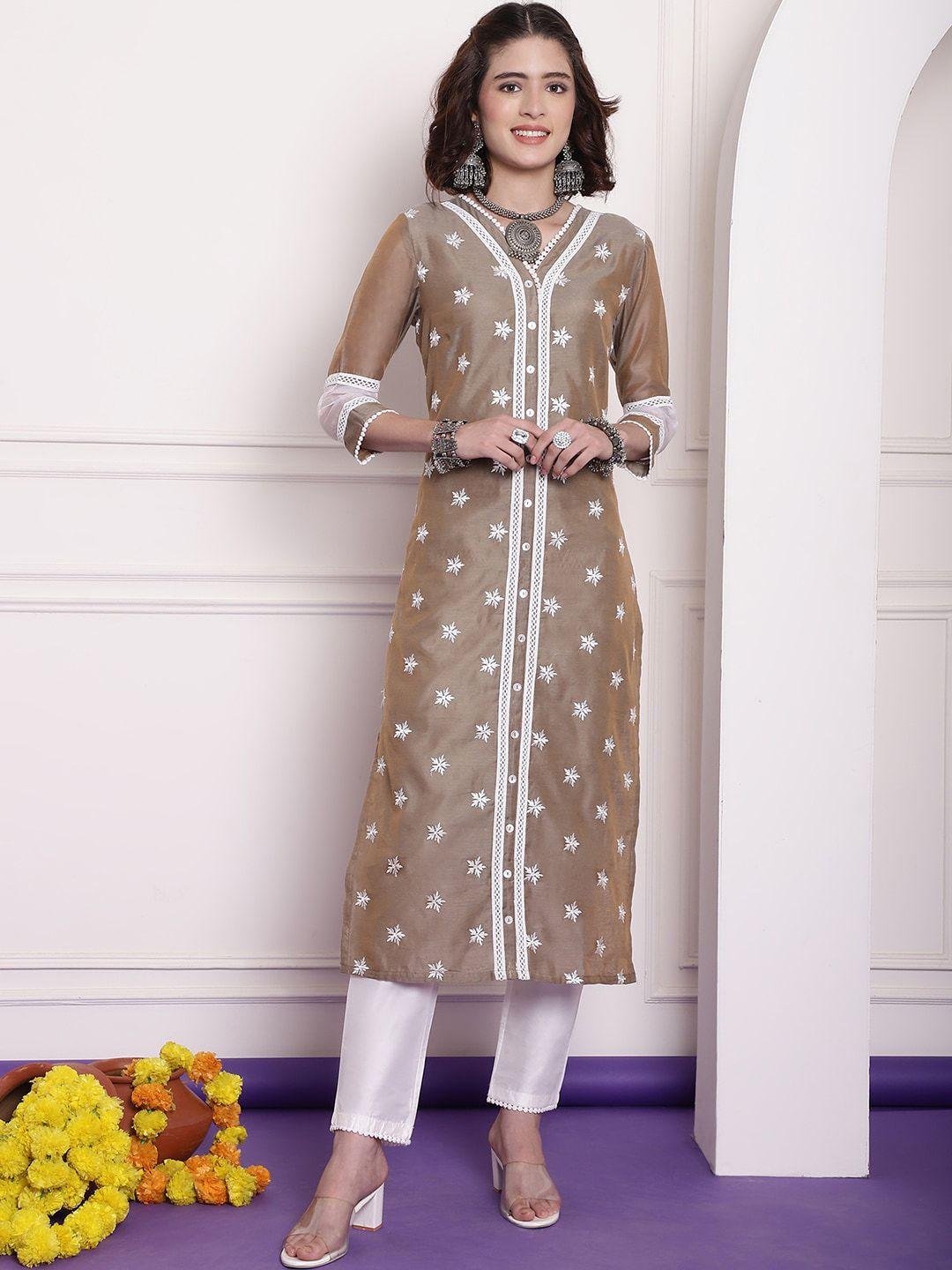 tulsattva floral embroidered chanderi silk regular kurta