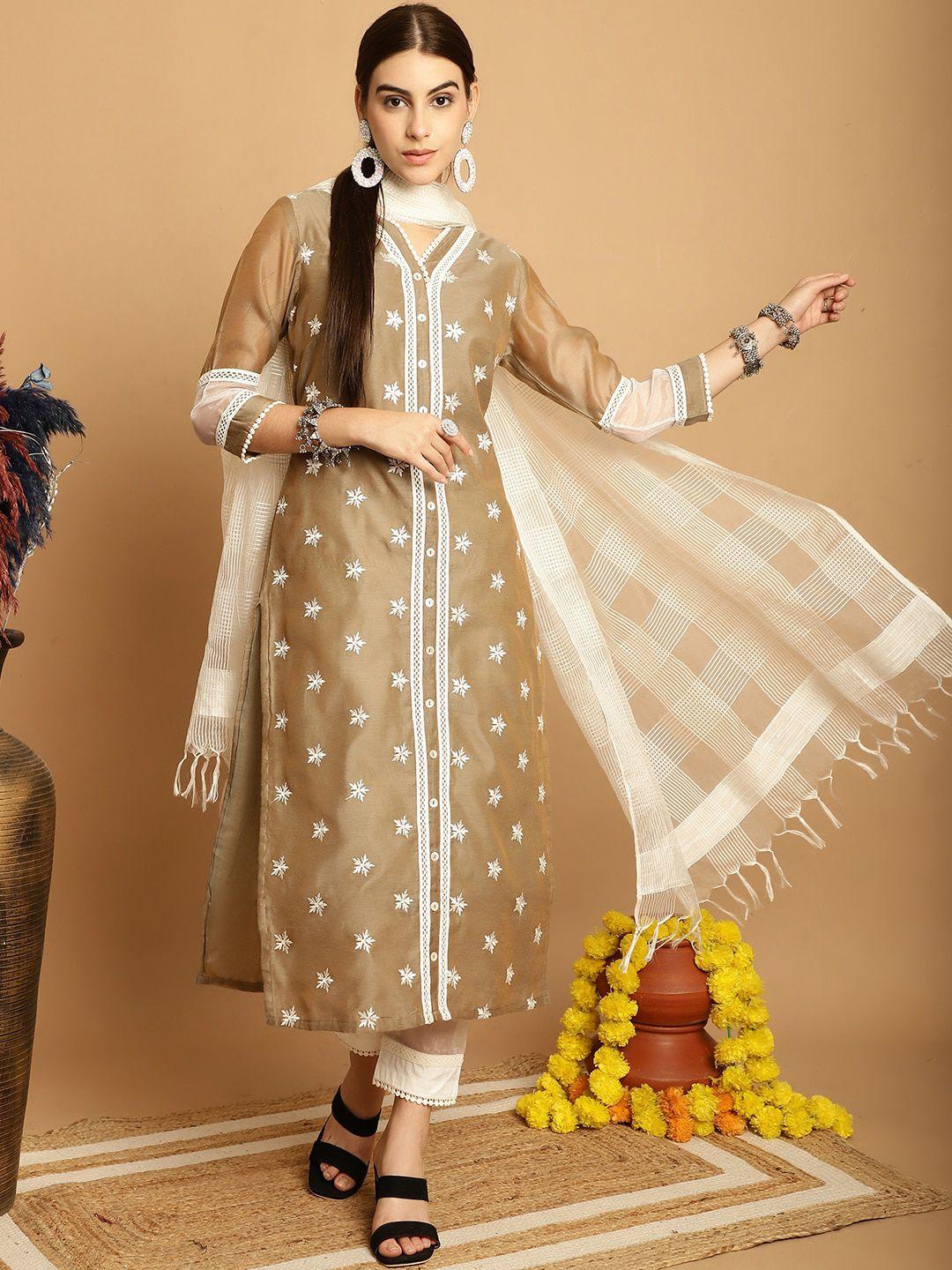 tulsattva floral embroidered regular thread work kurta with trousers & dupatta