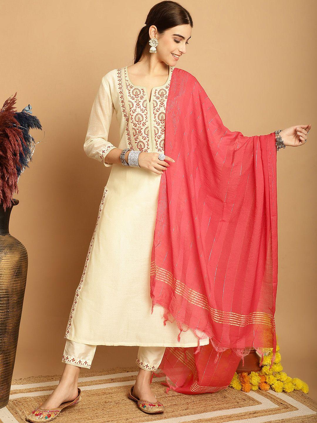 tulsattva floral embroidered sequinned kurta with trousers & dupatta
