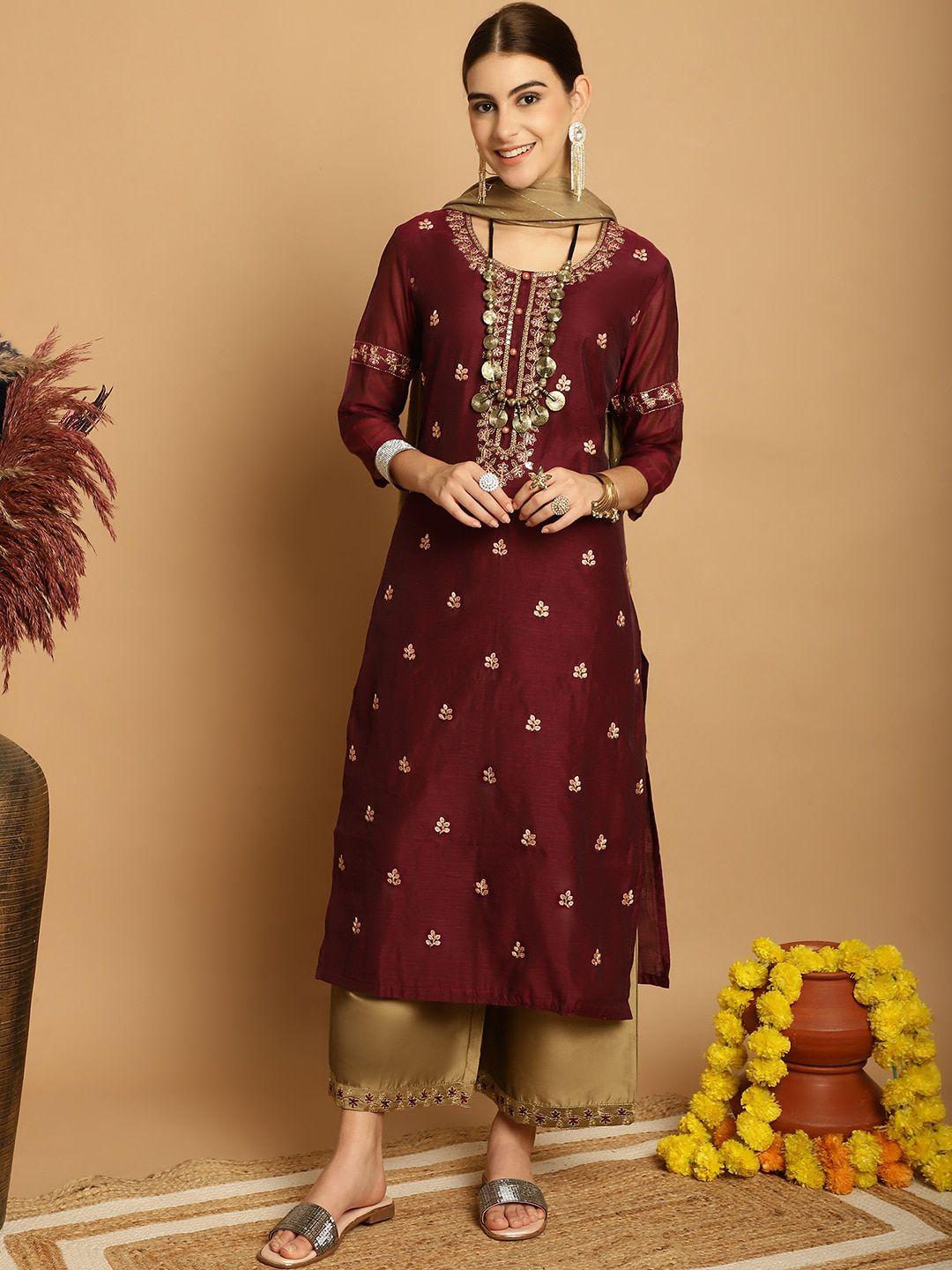 tulsattva floral embroidered thread work kurta with palazzos & dupatta