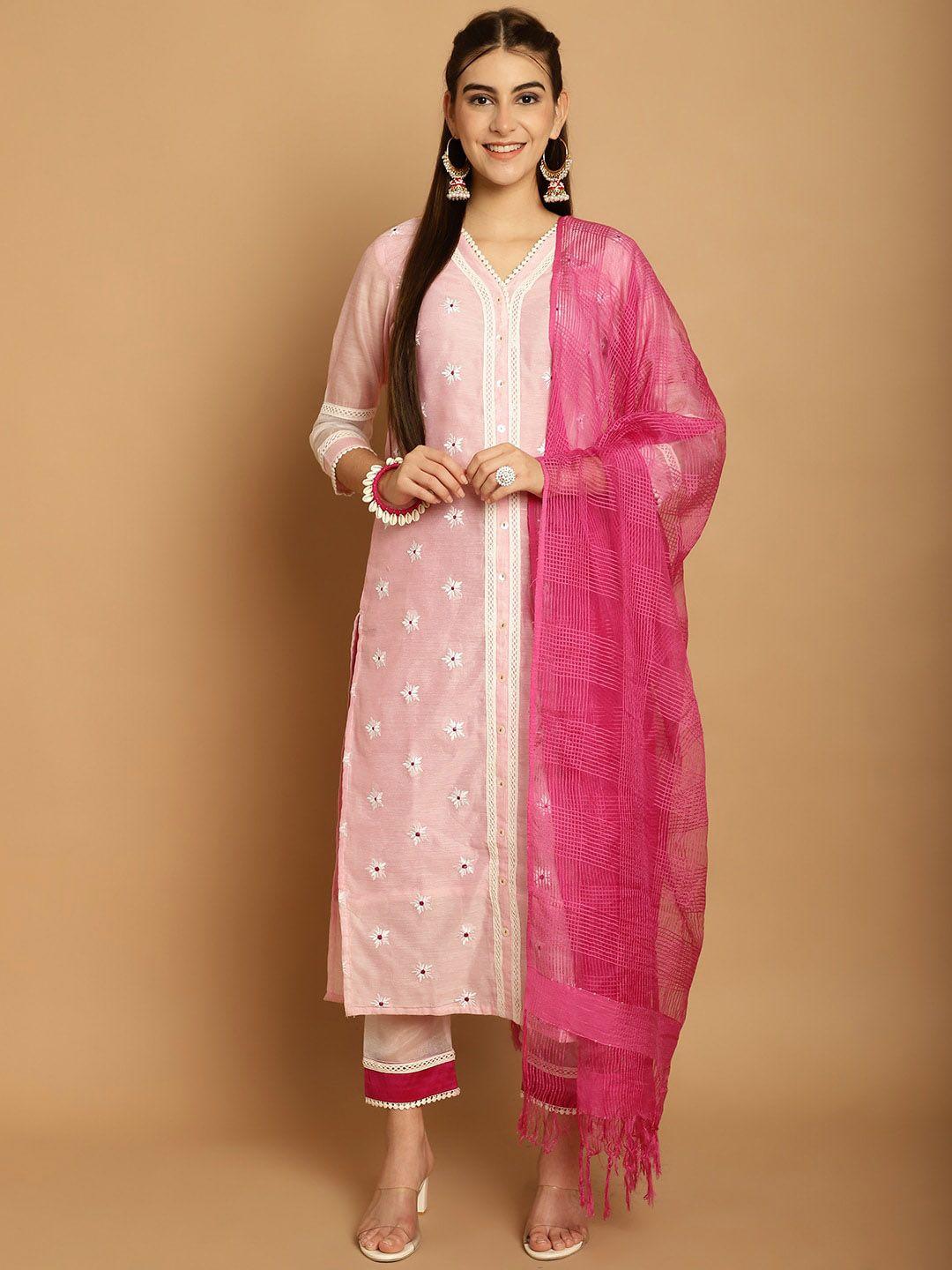 tulsattva floral embroidered thread work kurta with trousers & dupatta