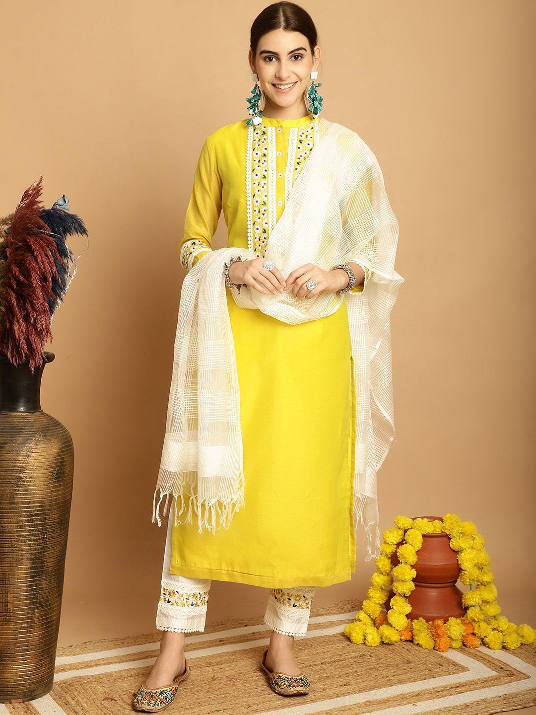 tulsattva floral yoke design regular thread work kurta with trousers & dupatta