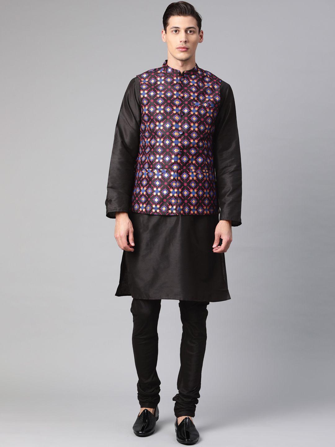 tulsattva men black kurta with churidar & nehru jacket