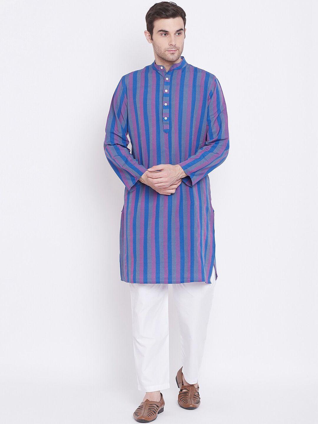 tulsattva men blue & pink striped handloom kurta with pyjamas