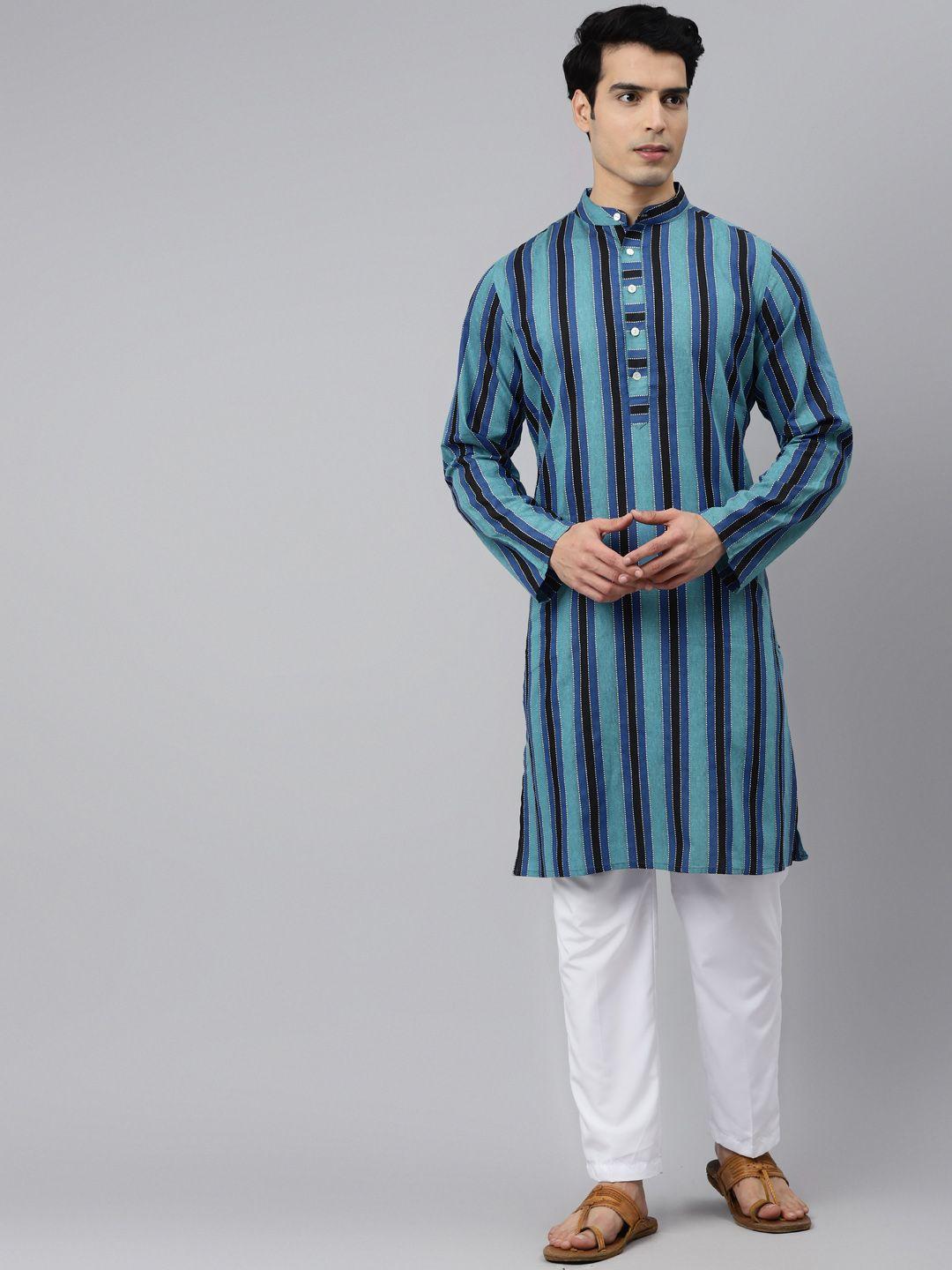 tulsattva men blue pure cotton striped kurta with pyjamas